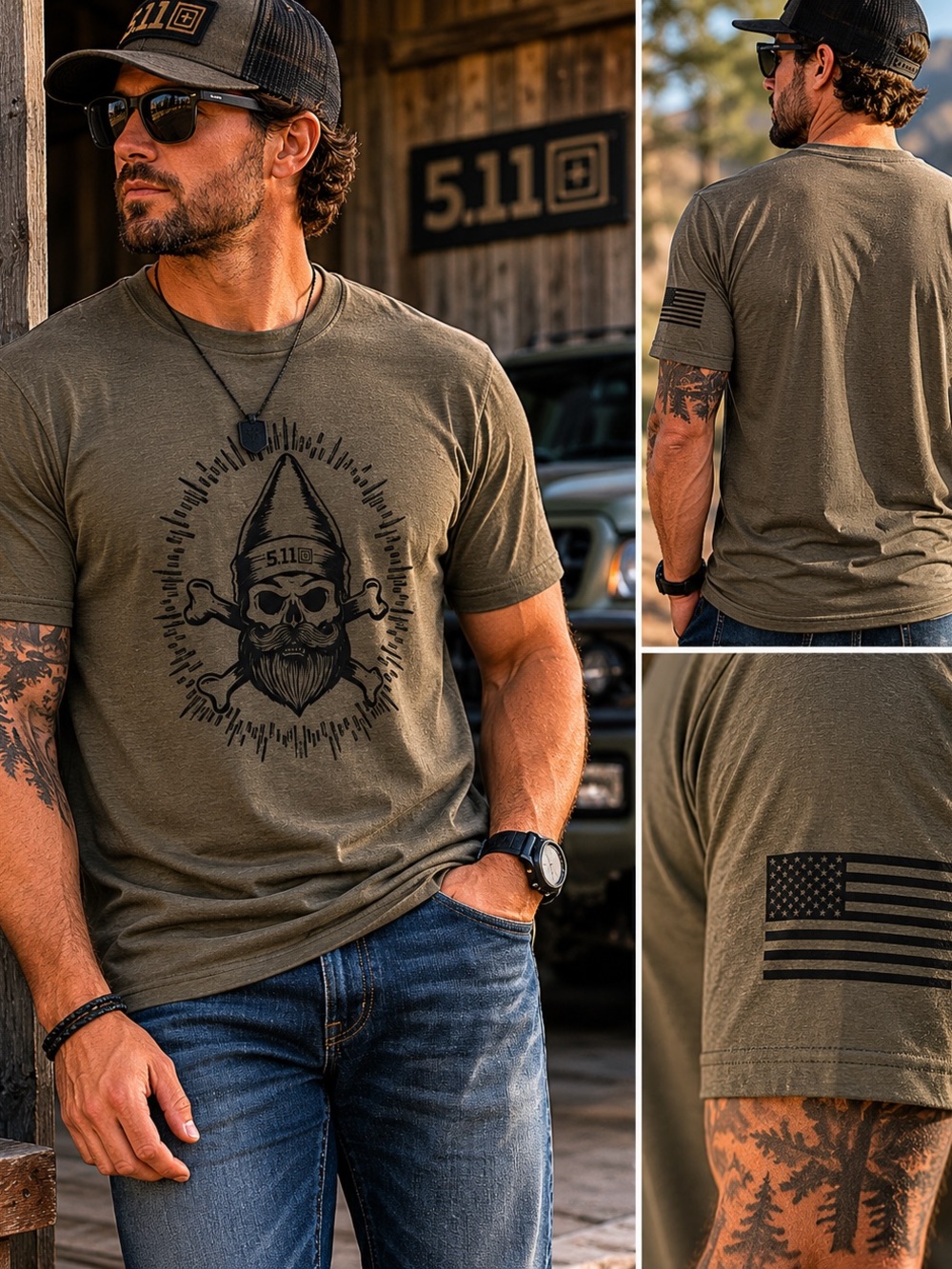 5.11 Tactical Ranger Green Skull Graphic T-Shirt Men XL American Flag Sleeve NEW